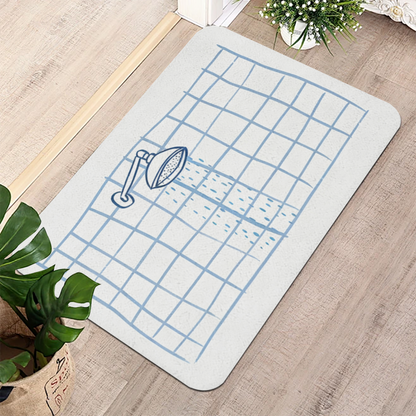 Hand Drawn Shower Head Grid Diatom Mat | Minimal Sketch Style Silicone Bathroom Rug