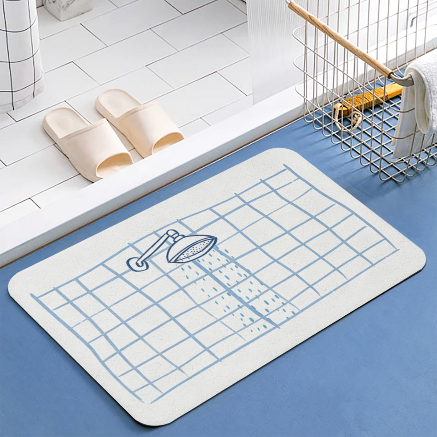 Hand Drawn Shower Head Grid Diatom Mat | Minimal Sketch Style Silicone Bathroom Rug