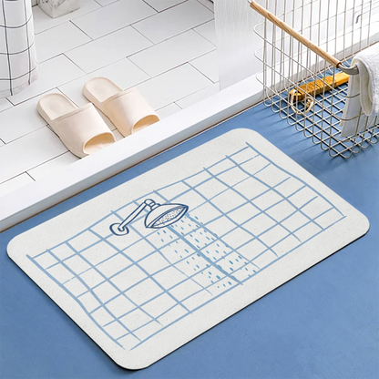 Hand Drawn Shower Head Grid Diatom Mat | Minimal Sketch Style Silicone Bathroom Rug