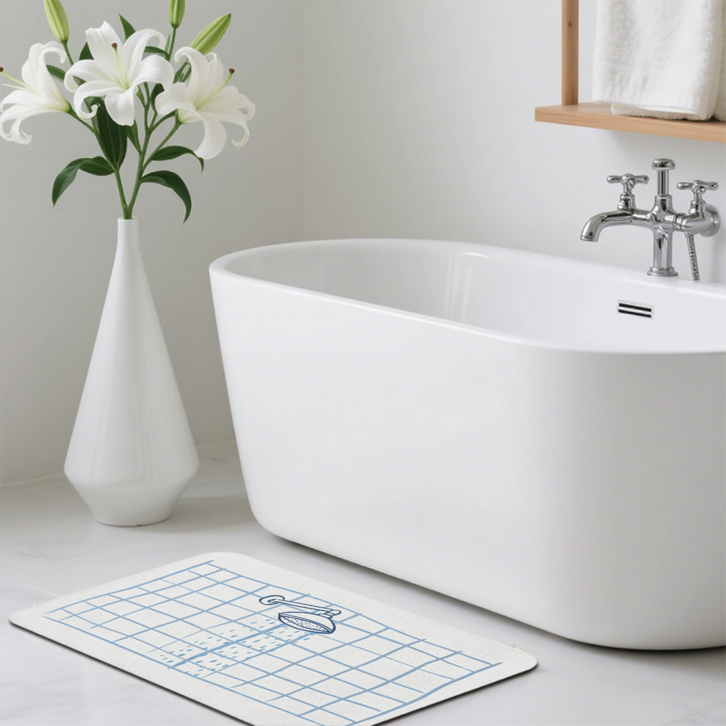 Hand Drawn Shower Head Grid Diatom Mat | Minimal Sketch Style Silicone Bathroom Rug