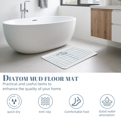 Hand Drawn Shower Head Grid Diatom Mat | Minimal Sketch Style Silicone Bathroom Rug