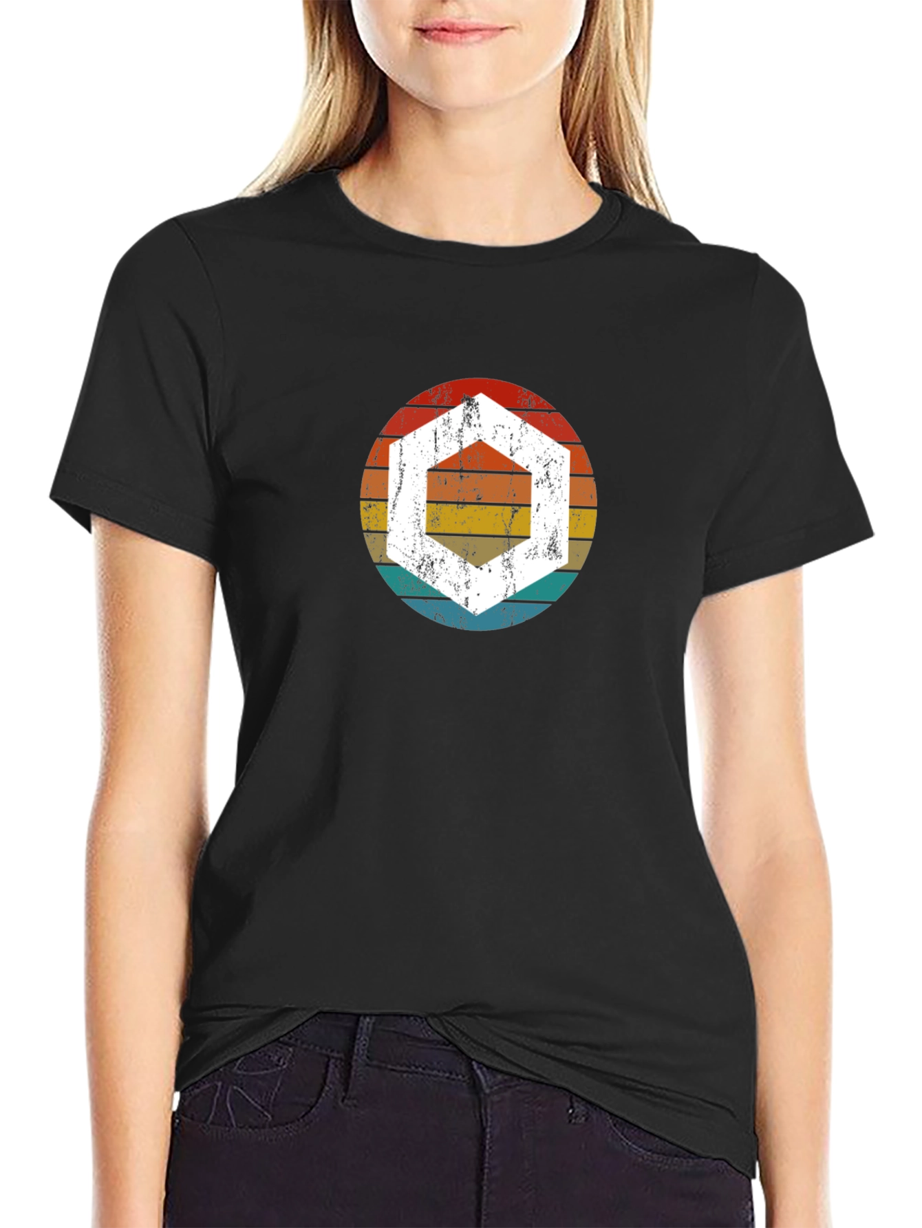 Retro Hexagon Graphic Tee - Black Cotton Blend