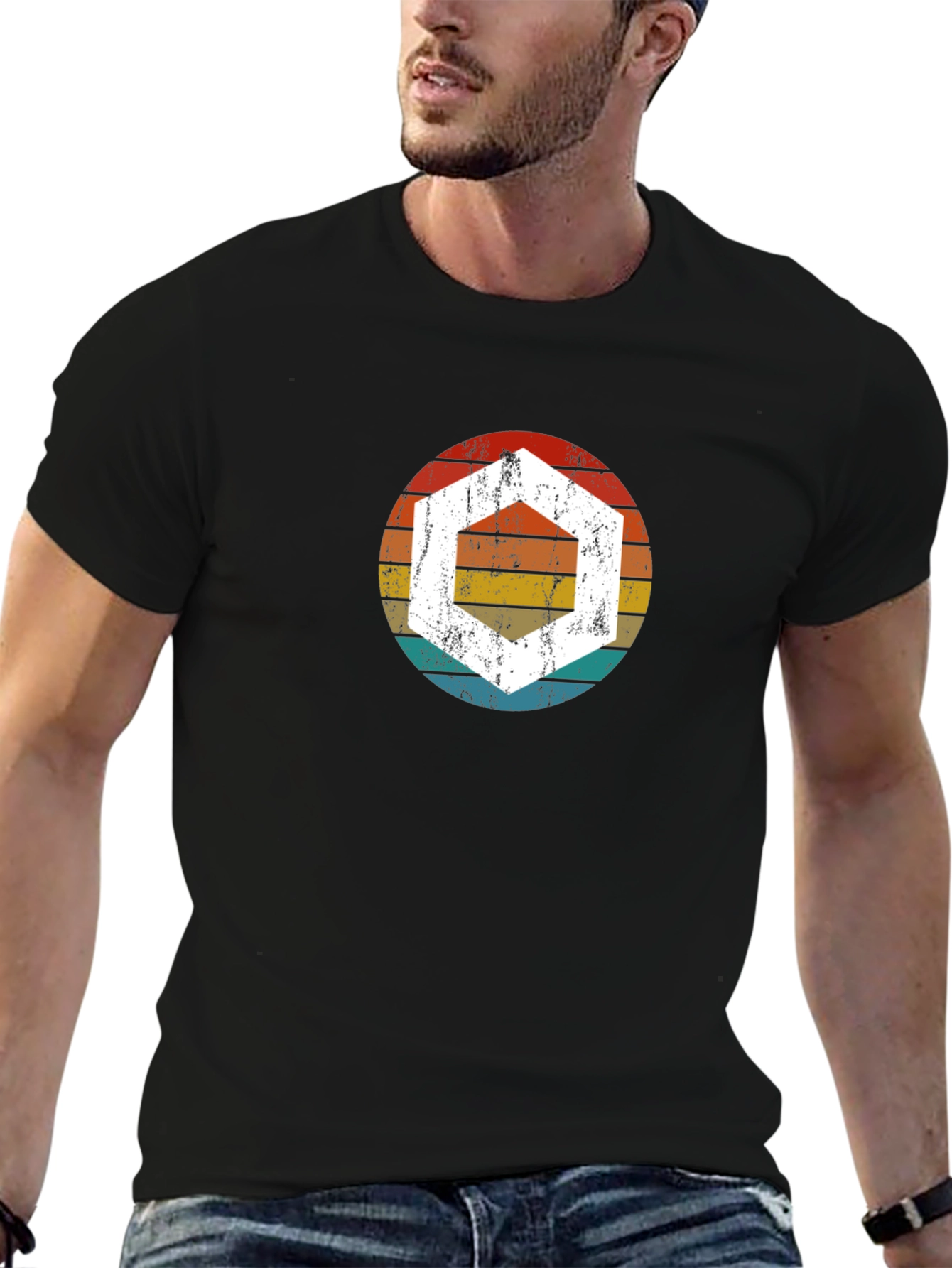 Retro Hexagon Graphic Tee - Black Cotton Blend