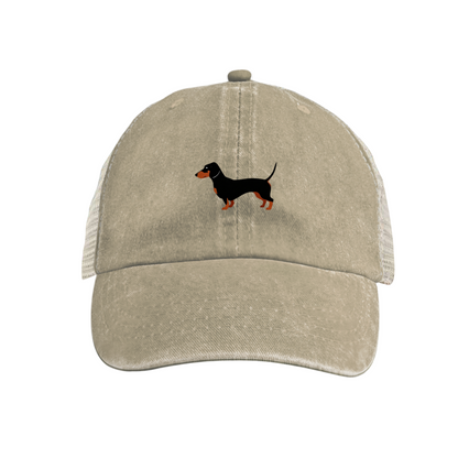 Dachshund Dog Vintage Washed Mesh Trucker Hat, Breathable Retro Distressed Snapback Cap for Pet Lovers