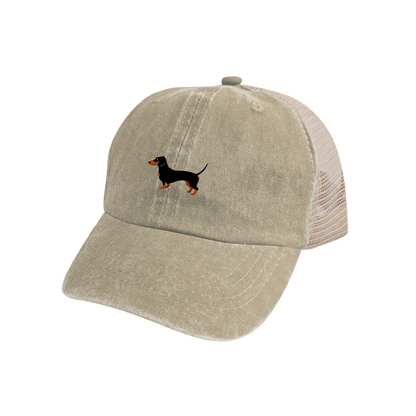 Dachshund Dog Vintage Washed Mesh Trucker Hat, Breathable Retro Distressed Snapback Cap for Pet Lovers