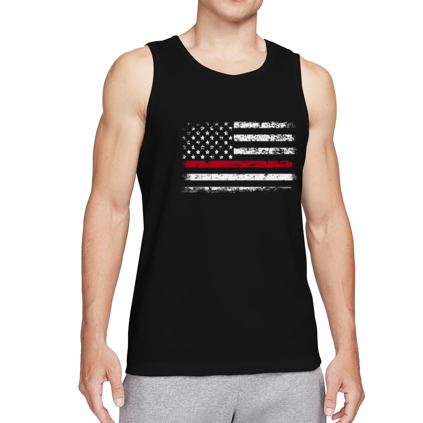 Thin Red Line Firefighter American Flag Distressed Tank Top