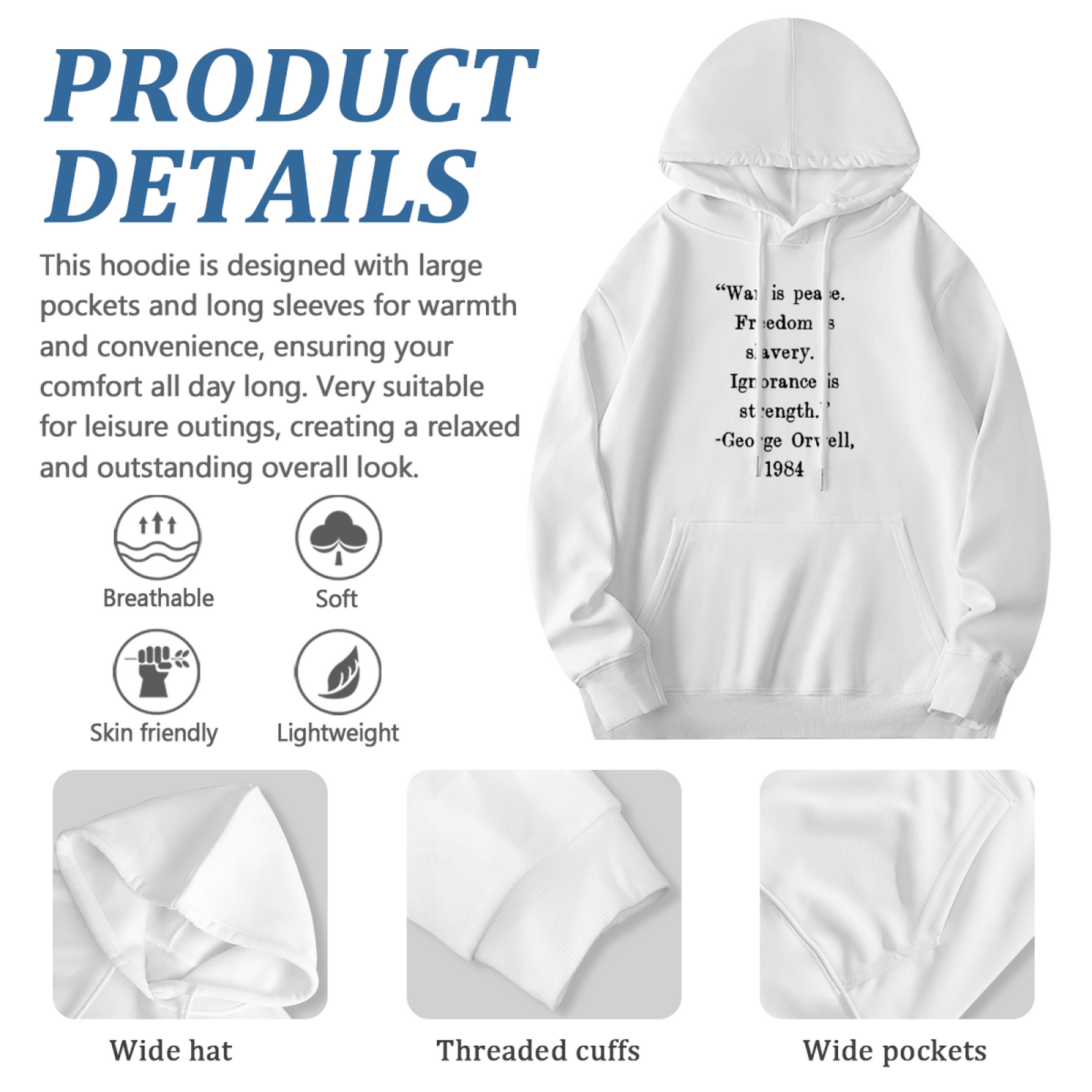 George Orwell 1984 Classic Quote Text White Hoodie, Soft Unisex Literary Pullover
