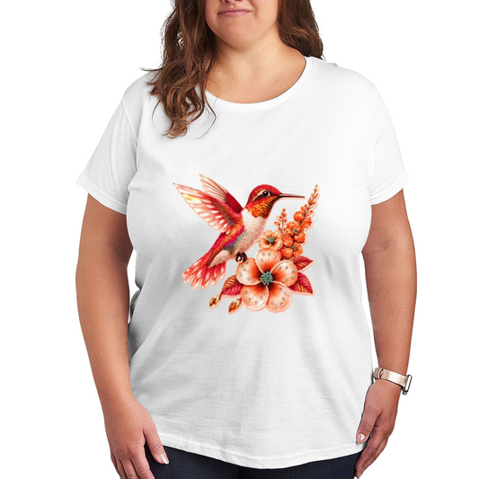 Vibrant Red Orange Hummingbird Flower Plus Size Women¡¯s T-Shirt
