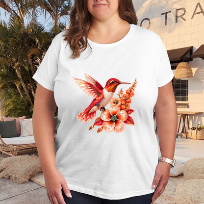Vibrant Red Orange Hummingbird Flower Plus Size Women¡¯s T-Shirt