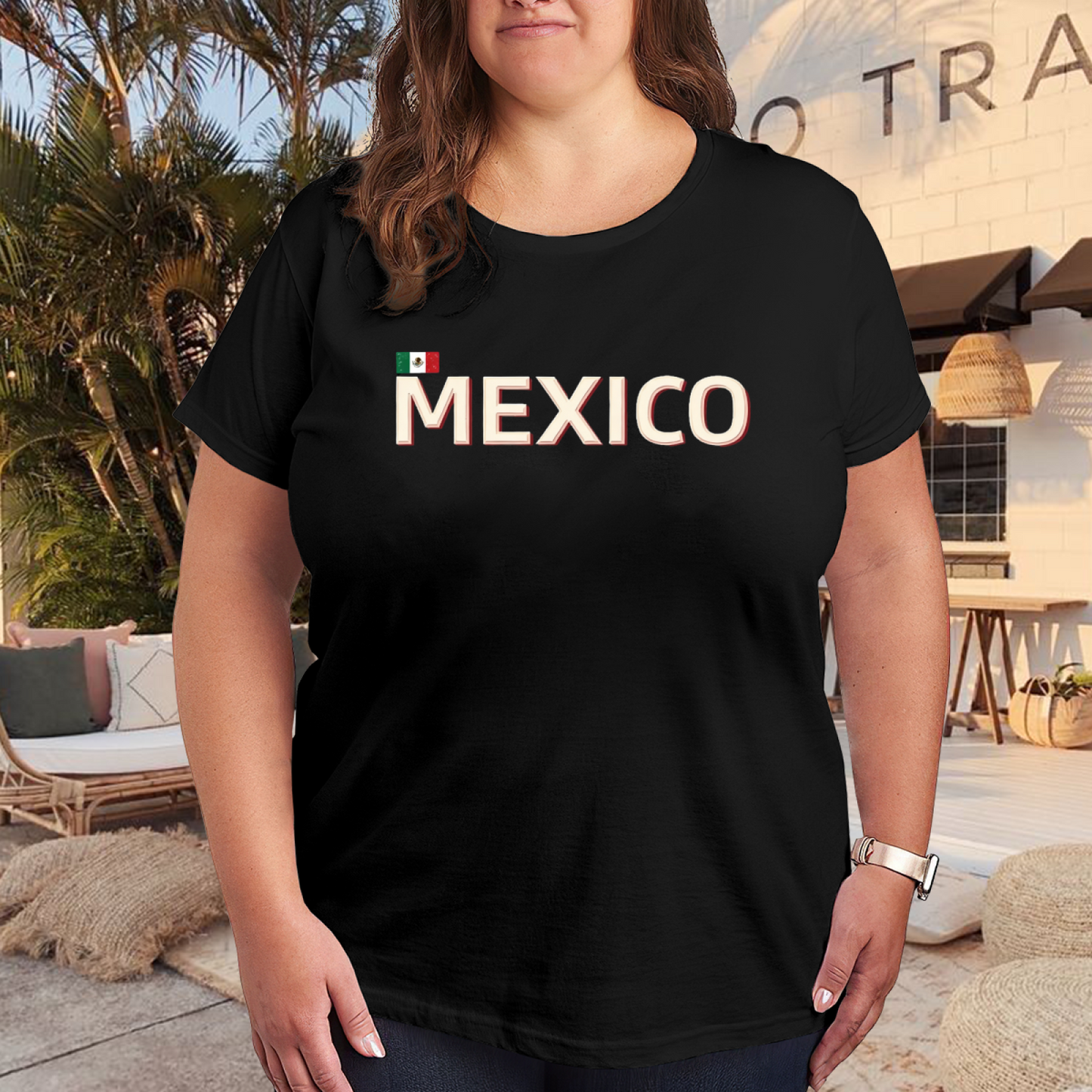 Retro Mexico Flag Letter Graphic Black Plus Size Women¡¯s Printed T-Shirt
