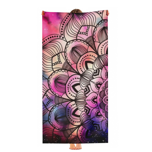 Galaxy Gradient Pink Purple Boho Mandala Line Art Beach Towel, Complete Length Selection, Ultra Fluffy Soft, Super Absorbent & Cozy for Bohemian Beach Lovers