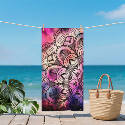 Galaxy Gradient Pink Purple Boho Mandala Line Art Beach Towel, Complete Length Selection, Ultra Fluffy Soft, Super Absorbent & Cozy for Bohemian Beach Lovers