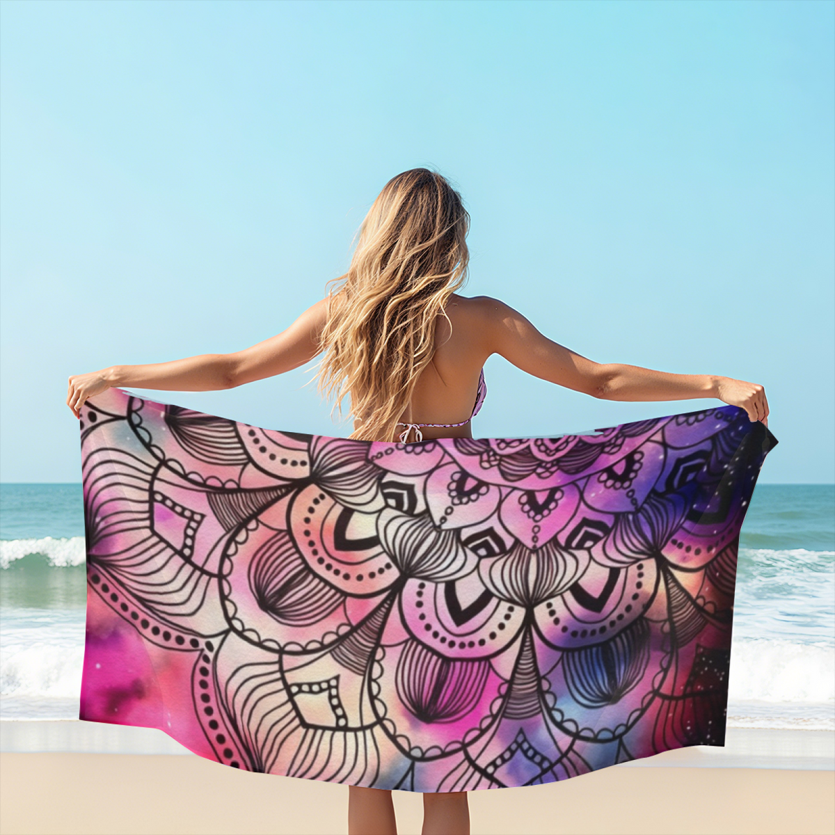 Galaxy Gradient Pink Purple Boho Mandala Line Art Beach Towel, Complete Length Selection, Ultra Fluffy Soft, Super Absorbent & Cozy for Bohemian Beach Lovers