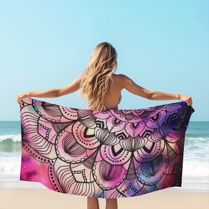 Galaxy Gradient Pink Purple Boho Mandala Line Art Beach Towel, Complete Length Selection, Ultra Fluffy Soft, Super Absorbent & Cozy for Bohemian Beach Lovers