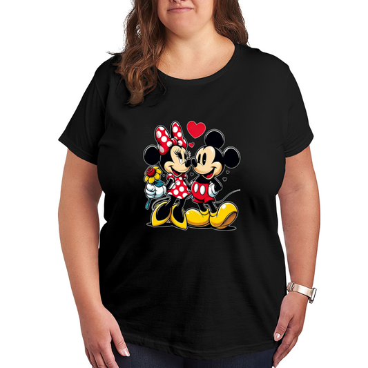 Sweet Mickey & Minnie Couple Romantic Heart Plus Size Women Printed T-Shirt
