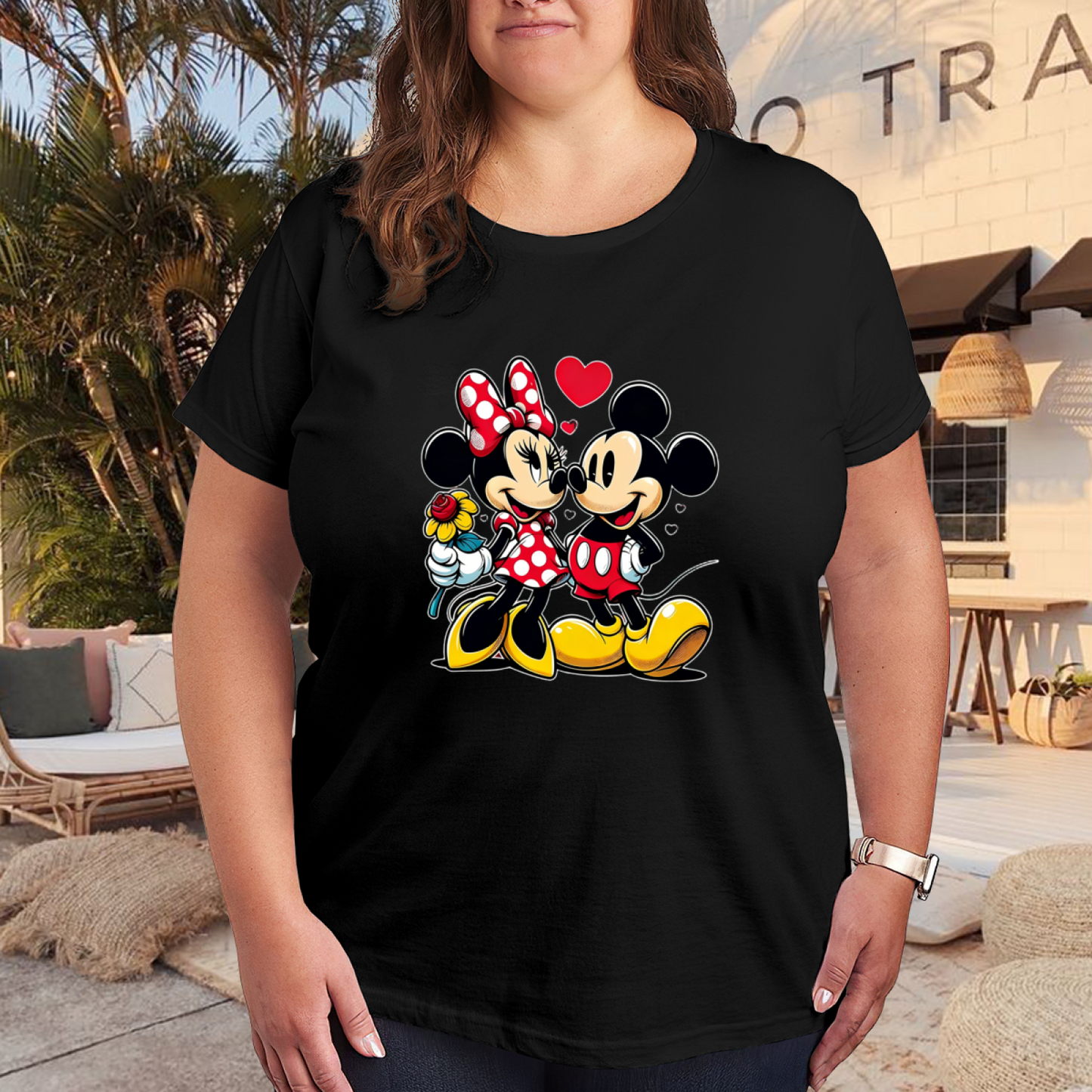 Sweet Mickey & Minnie Couple Romantic Heart Plus Size Women Printed T-Shirt