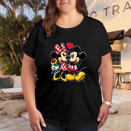Sweet Mickey & Minnie Couple Romantic Heart Plus Size Women Printed T-Shirt