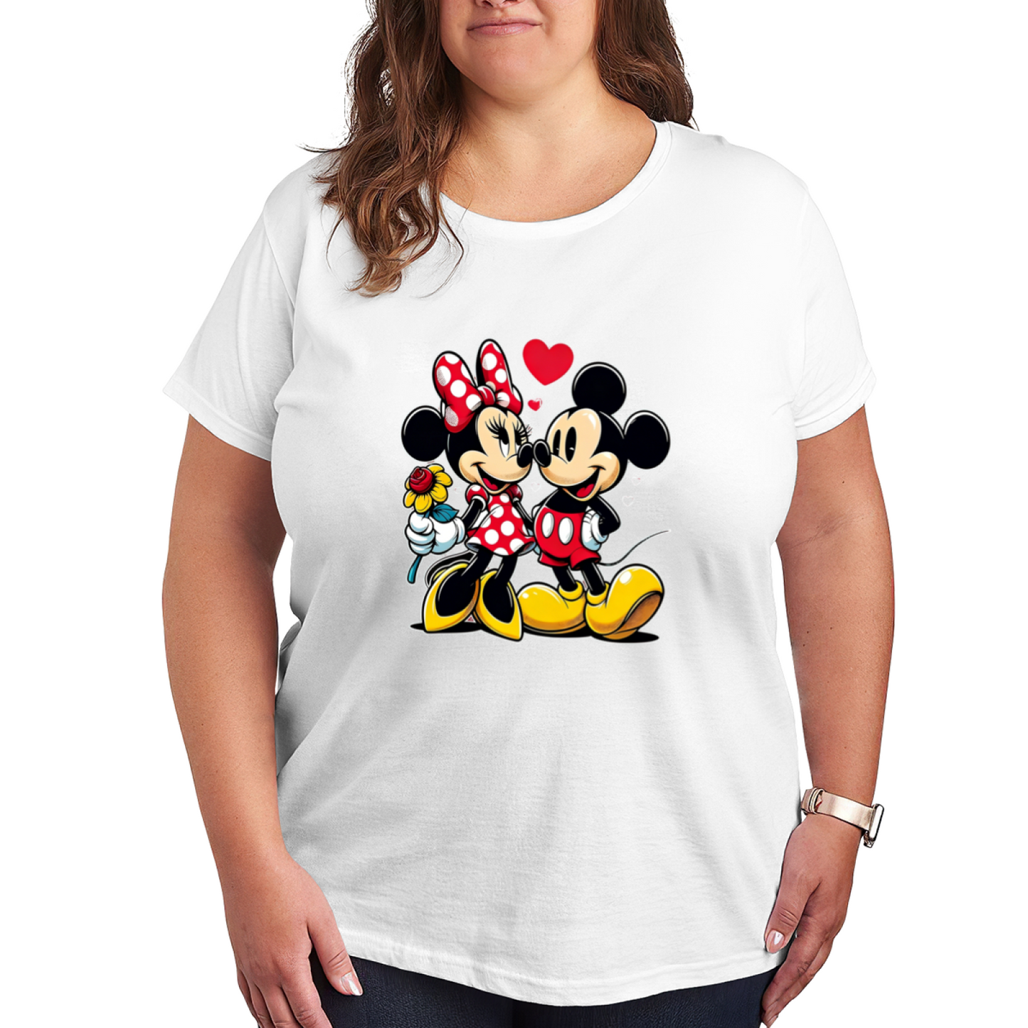 Sweet Mickey & Minnie Couple Romantic Heart Plus Size Women Printed T-Shirt