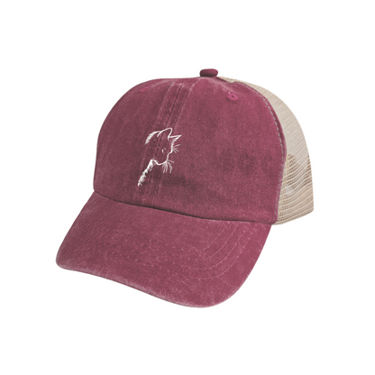 Minimal Cat Outline Maroon Washed Trucker Hat Cute Kitten Lover Mesh Back Cap