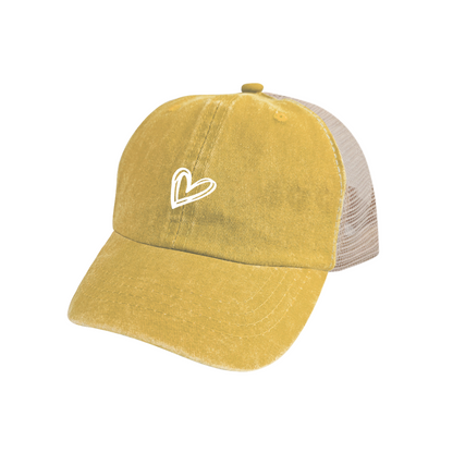 Minimal Hand Drawn White Heart Vintage Washed Mesh Hat, Simple Sweet Women Cap