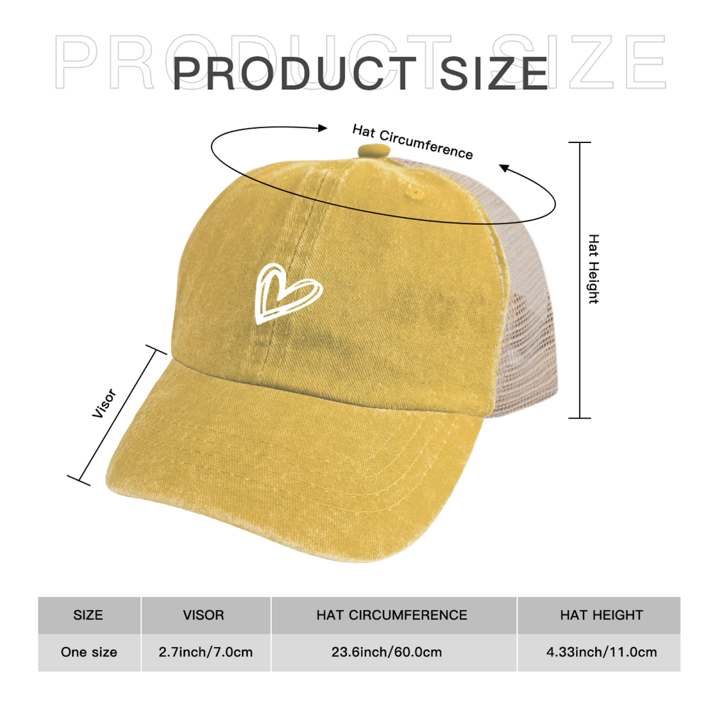 Minimal Hand Drawn White Heart Vintage Washed Mesh Hat, Simple Sweet Women Cap
