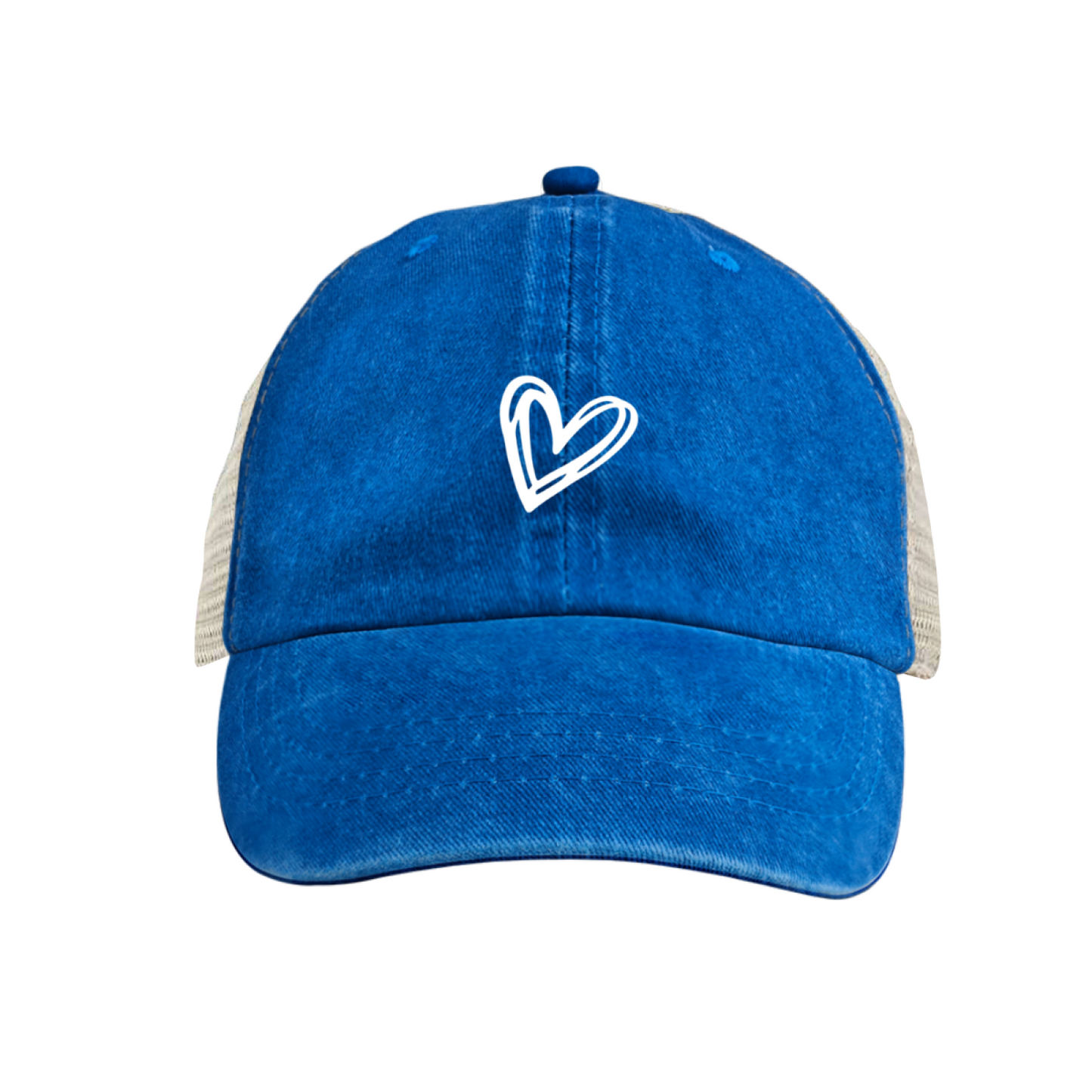 Minimal Hand Drawn White Heart Vintage Washed Mesh Hat, Simple Sweet Women Cap
