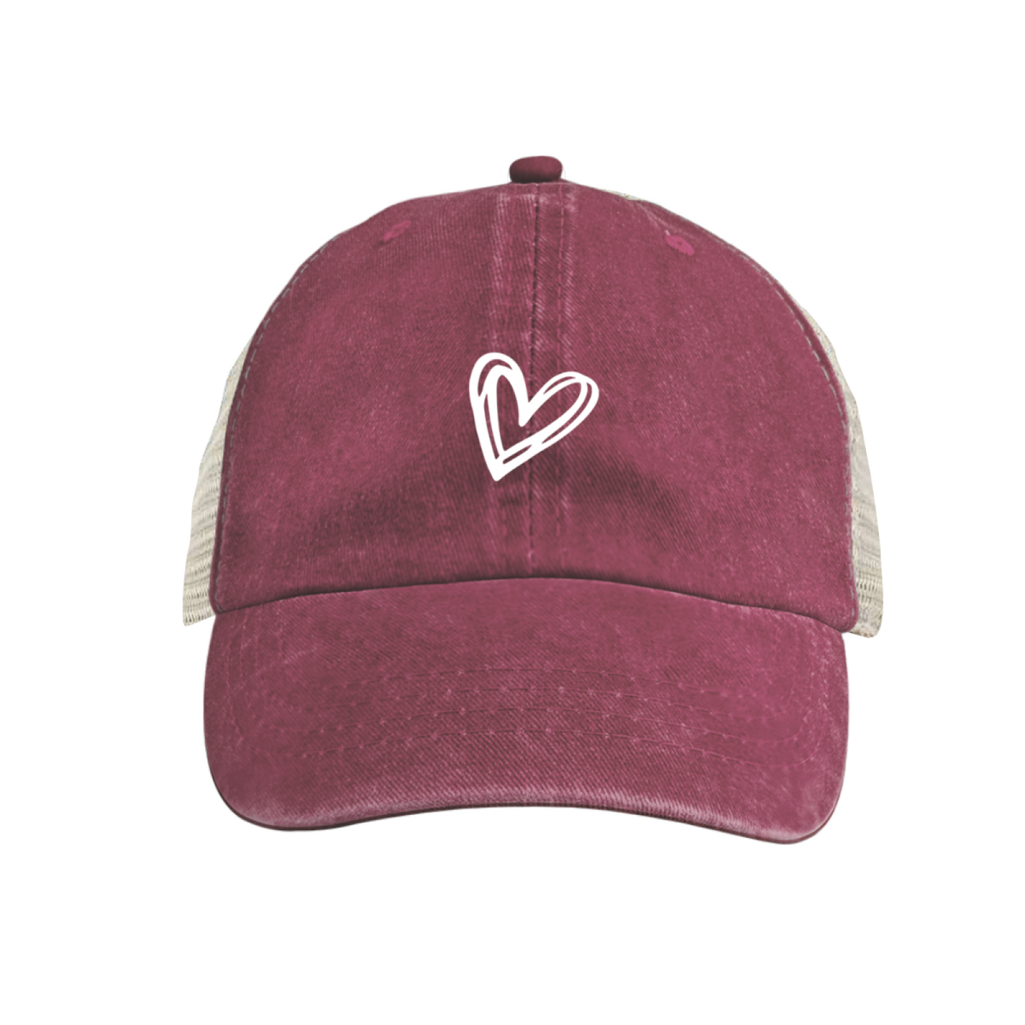 Minimal Hand Drawn White Heart Vintage Washed Mesh Hat, Simple Sweet Women Cap
