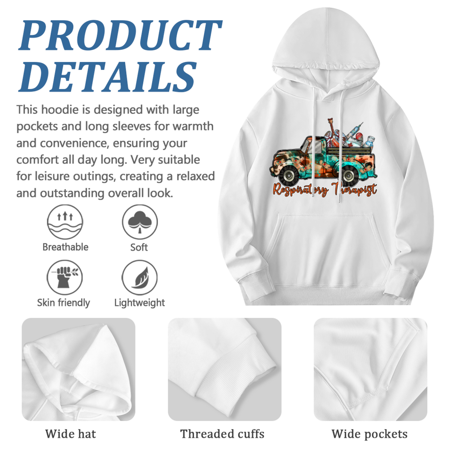 Respiratory Therapist Vintage Truck White Hoodie, Medical Worker Soft Comfort Top