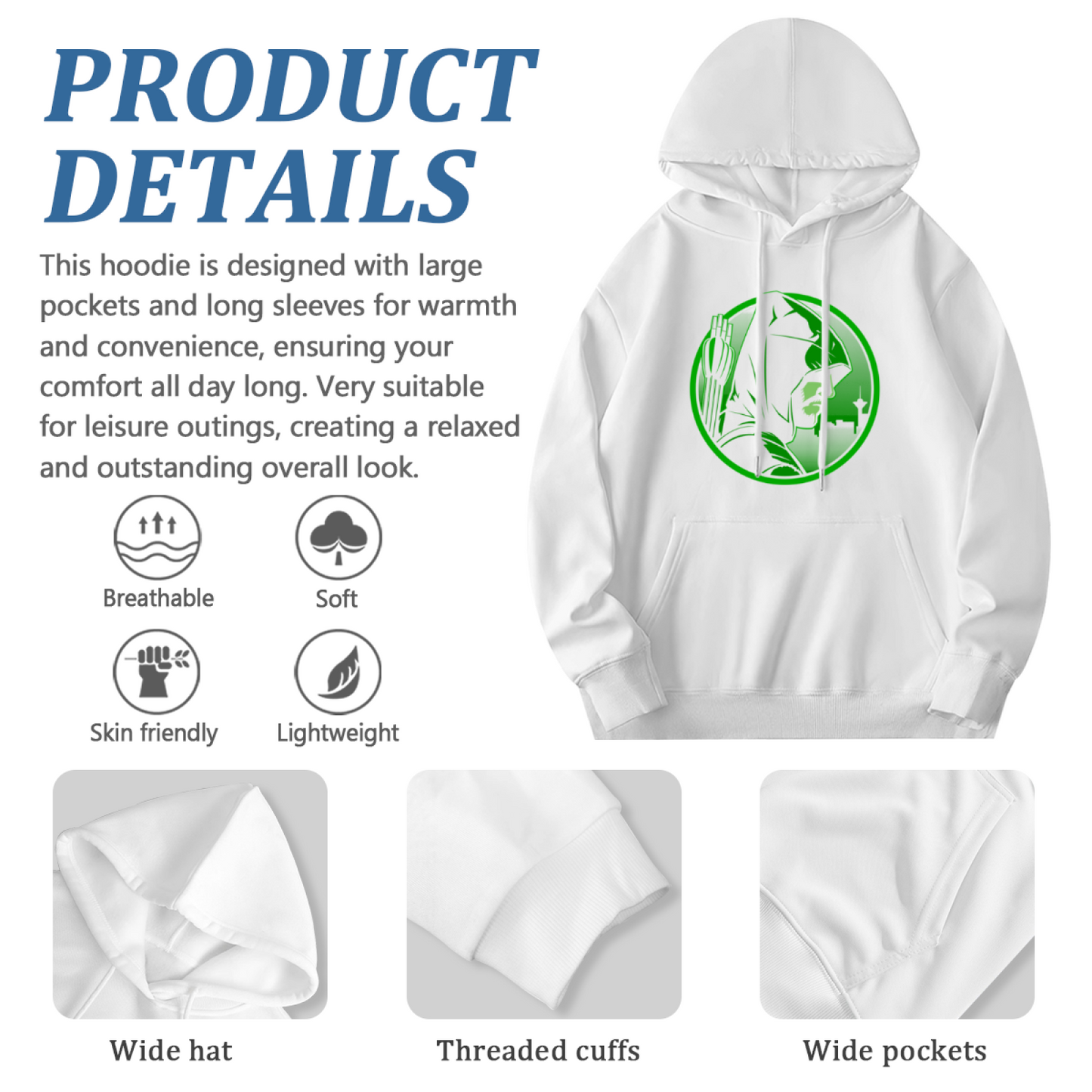 Green Arrow Superhero Minimal White Hoodie, All-Match Comfort Casual Hooded Top