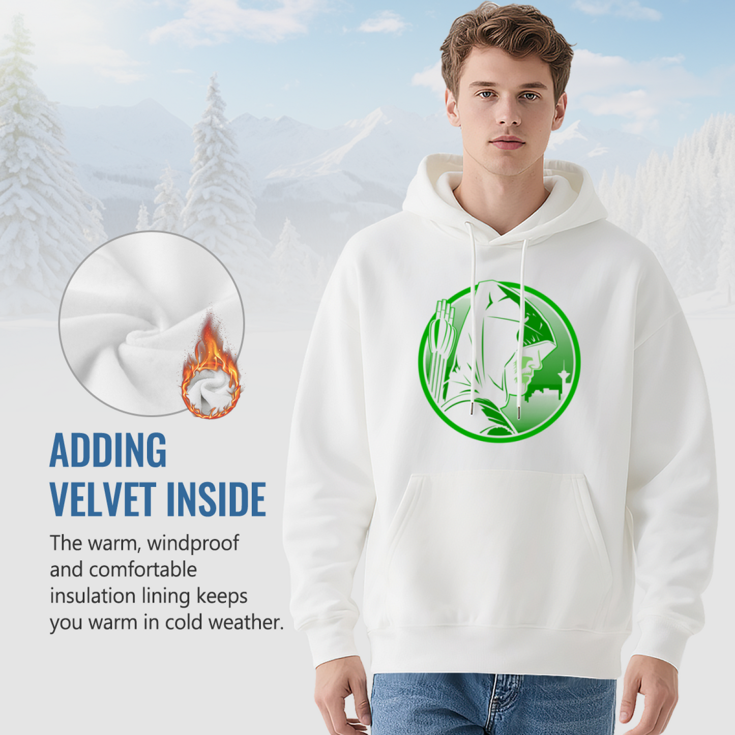 Green Arrow Superhero Minimal White Hoodie, All-Match Comfort Casual Hooded Top