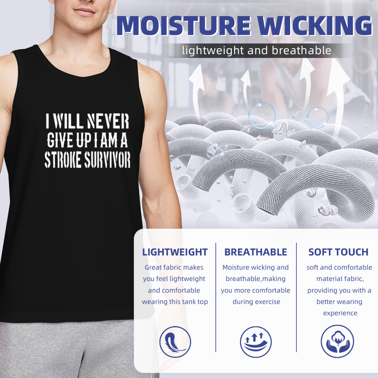 Stroke Survivor Never Give Up Inspirational Mens Cotton Tank