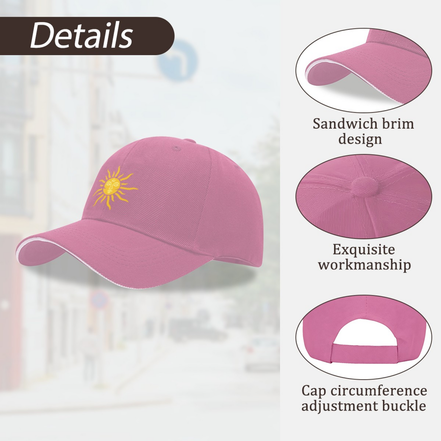 Vintage Face Sun Print Pink Sandwich Baseball Cap, Retro Bohemian Sun Hat
