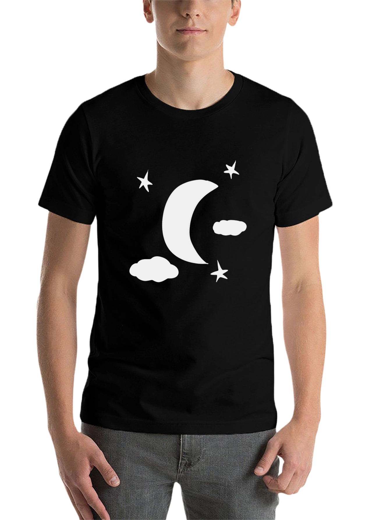 Moon Stars Clouds Graphic Tee - Black Casual Shirt