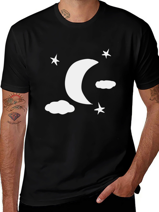 Moon Stars Clouds Graphic Tee - Black Casual Shirt