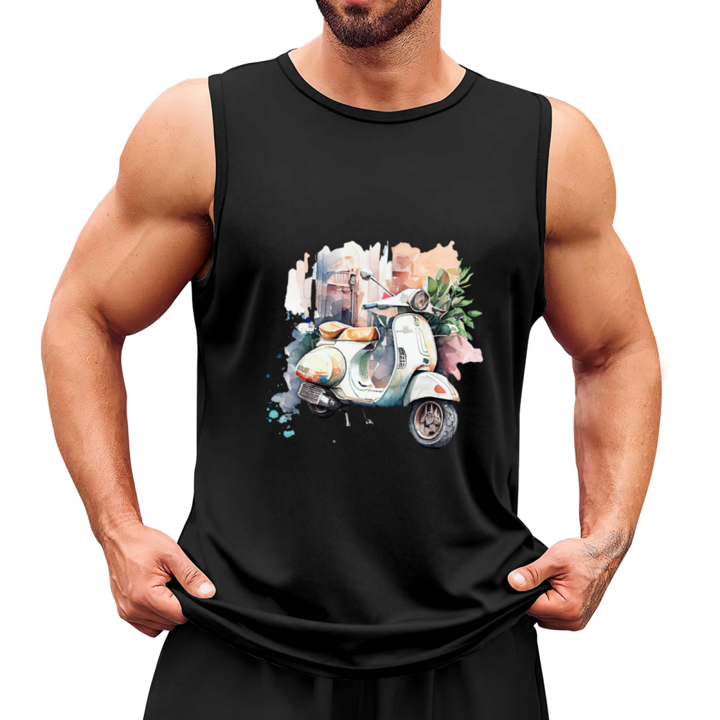 Vintage Vespa Scooter Watercolor Art Casual Mens Tank