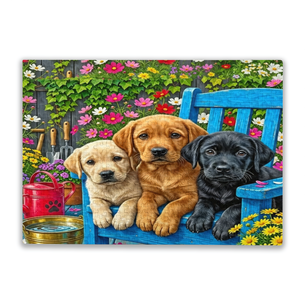 Three Adorable Labrador Puppies Rest On Blue Garden Bench Puzzle | 300/500/1000 Pieces