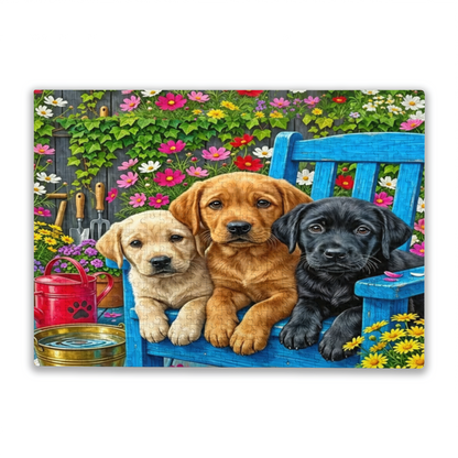 Three Adorable Labrador Puppies Rest On Blue Garden Bench Puzzle | 300/500/1000 Pieces