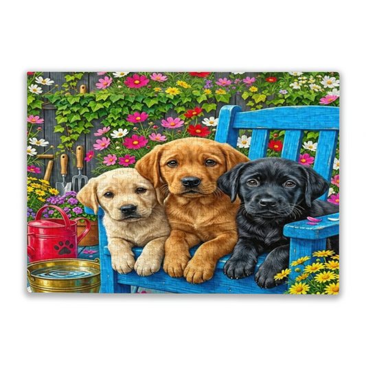 Three Adorable Labrador Puppies Rest On Blue Garden Bench Puzzle | 300/500/1000 Pieces