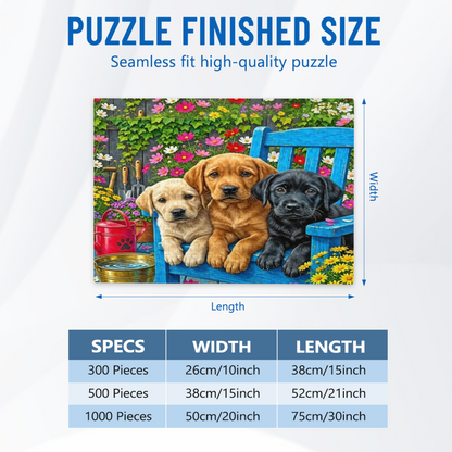Three Adorable Labrador Puppies Rest On Blue Garden Bench Puzzle | 300/500/1000 Pieces