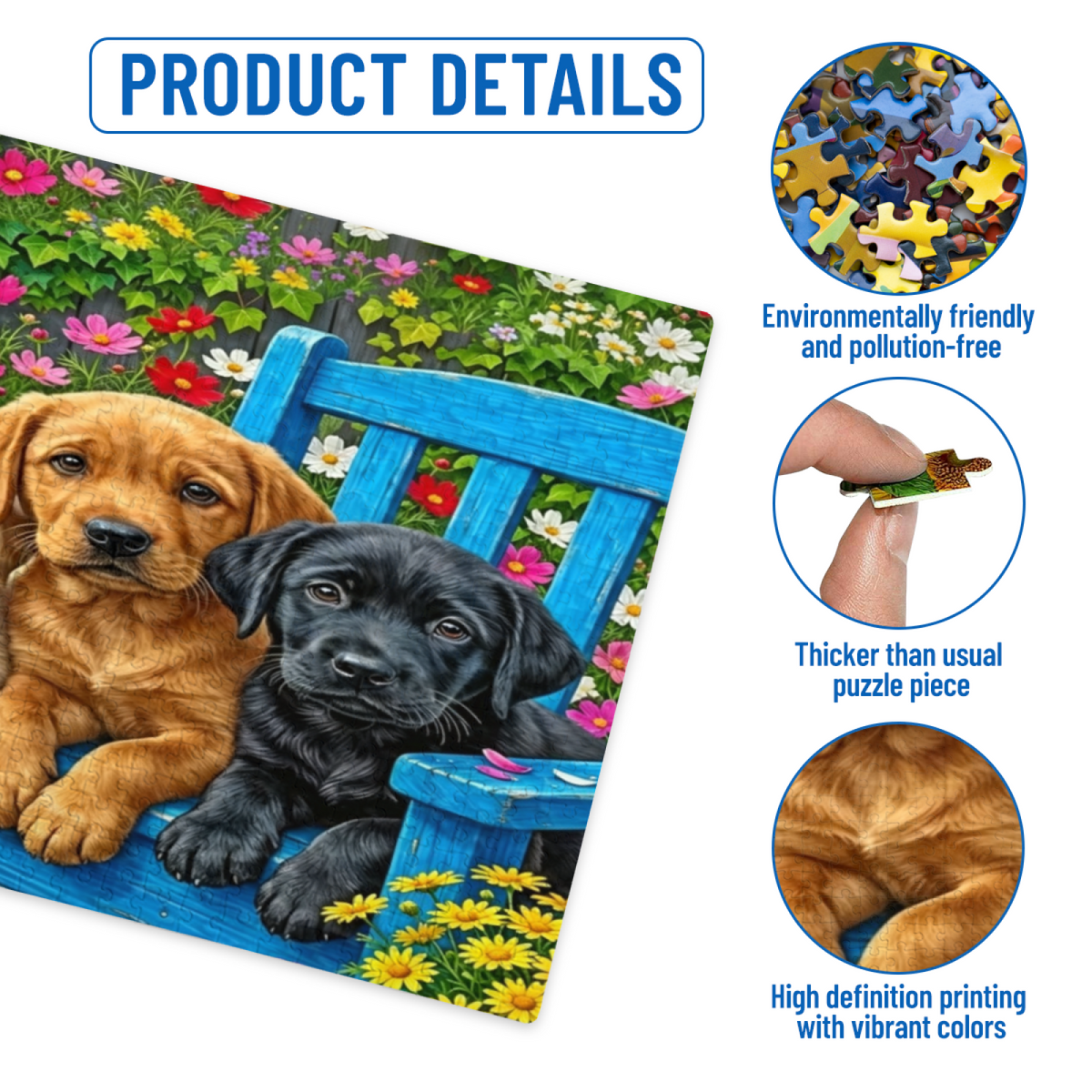 Three Adorable Labrador Puppies Rest On Blue Garden Bench Puzzle | 300/500/1000 Pieces