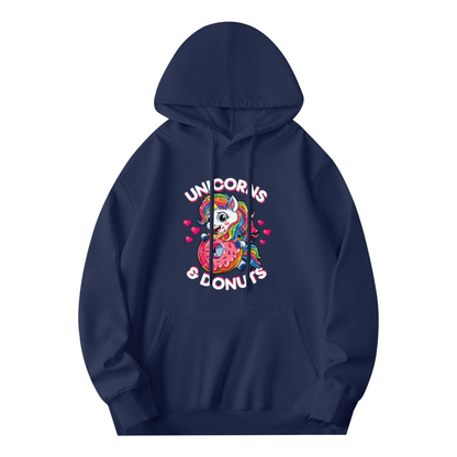 Cute Unicorns & Donuts Cartoon Navy Hoodie, Sweet Graphic Cozy Daily Hoodie