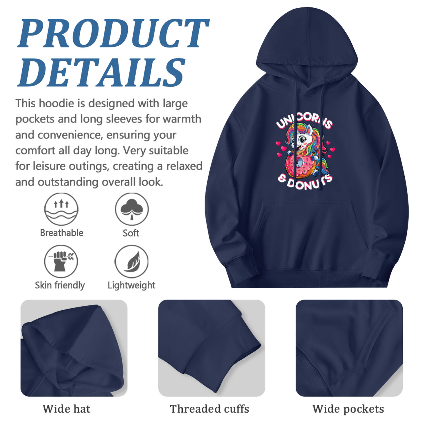 Cute Unicorns & Donuts Cartoon Navy Hoodie, Sweet Graphic Cozy Daily Hoodie