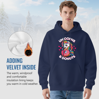 Cute Unicorns & Donuts Cartoon Navy Hoodie, Sweet Graphic Cozy Daily Hoodie