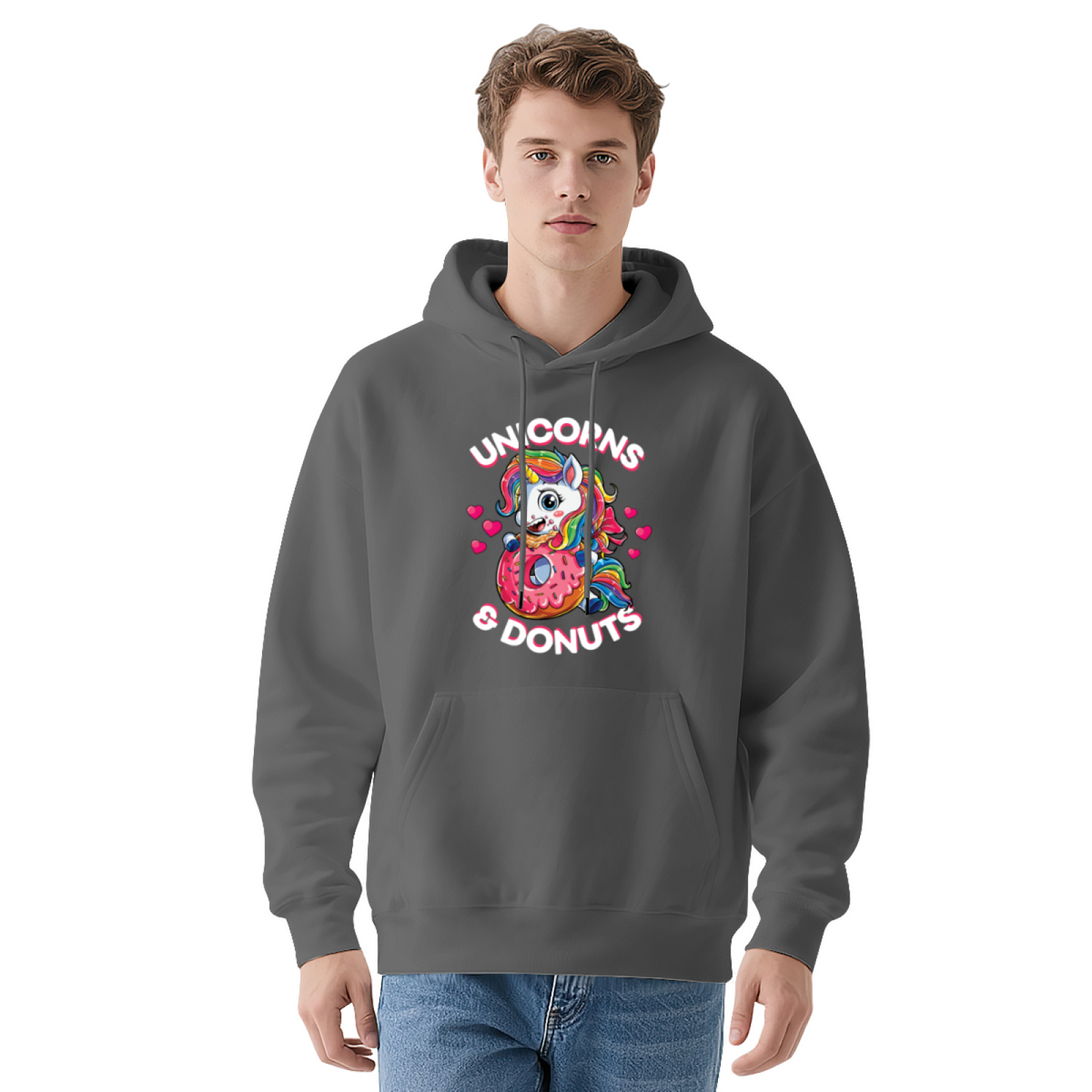 Cute Unicorns & Donuts Cartoon Navy Hoodie, Sweet Graphic Cozy Daily Hoodie