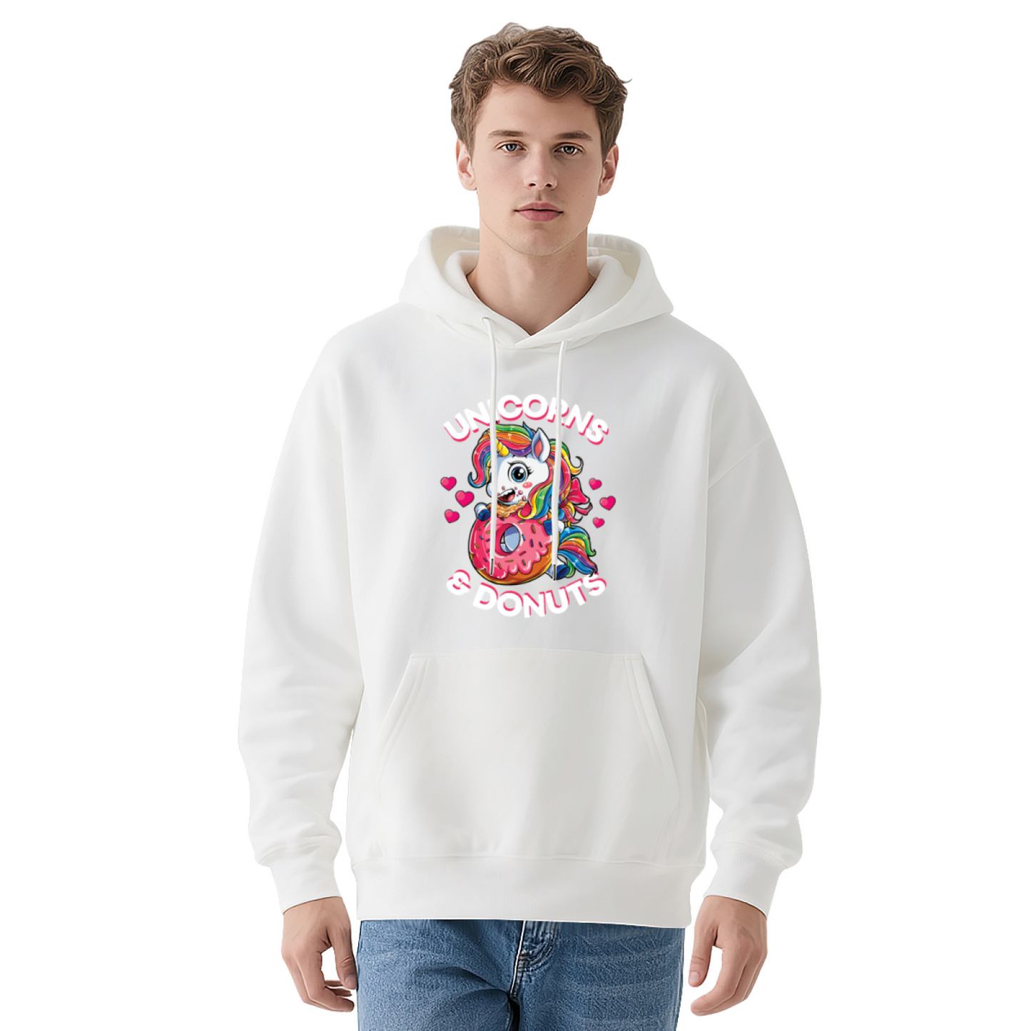 Cute Unicorns & Donuts Cartoon Navy Hoodie, Sweet Graphic Cozy Daily Hoodie