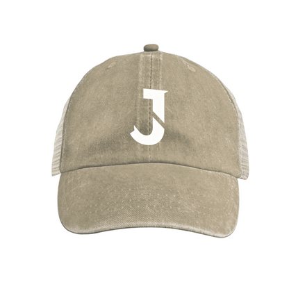 Minimal J Letter Graphic Vintage Blue Distressed Mesh Trucker Hat, Breathable Summer Snapback Cap