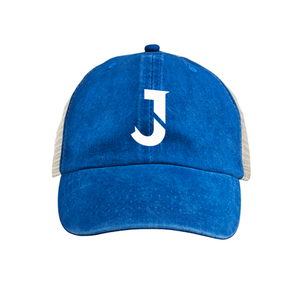 Minimal J Letter Graphic Vintage Blue Distressed Mesh Trucker Hat, Breathable Summer Snapback Cap