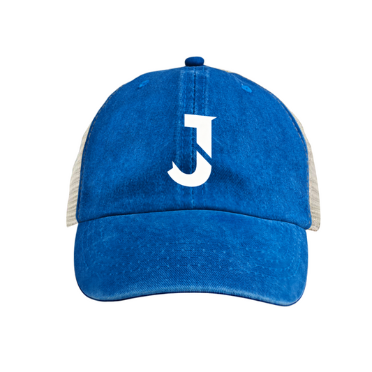 Minimal J Letter Graphic Vintage Blue Distressed Mesh Trucker Hat, Breathable Summer Snapback Cap