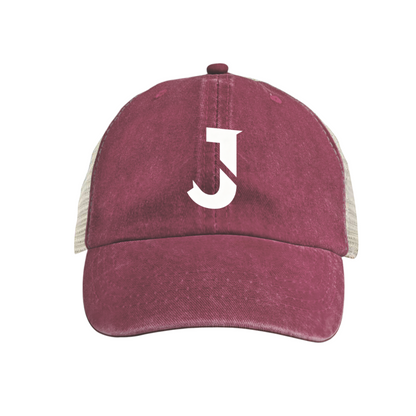 Minimal J Letter Graphic Vintage Blue Distressed Mesh Trucker Hat, Breathable Summer Snapback Cap