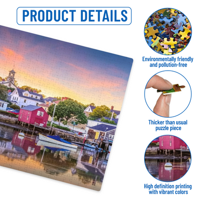 Serene Harbor Town Sunset Water Reflection Landscape Puzzle